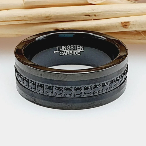 Round Cut Black CZ Inlay Engagement Ring for Man Woman, GALTUN775 - Picture 4 of 5